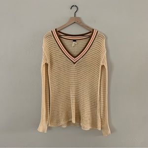 Free People We The Free Cream V-Neck Crochet Open Knit Pullover Sweater